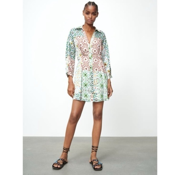 Zara Dresses & Skirts - Zara Mixed Print Shirt Dress Mini Multicolor Floral Geometric Button Front XL